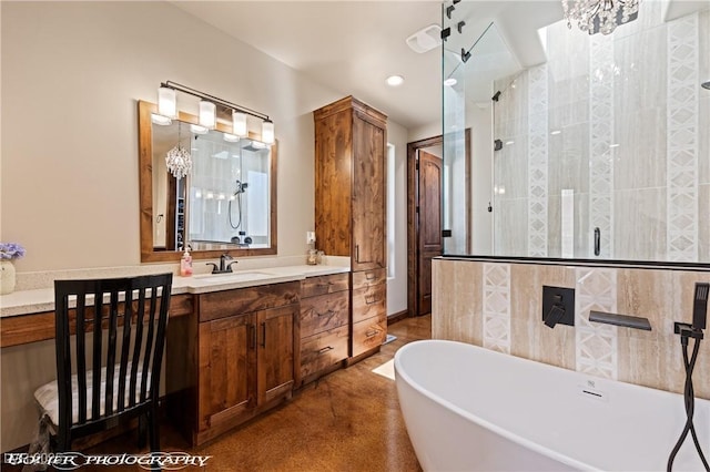479 Apogee Crst, Mesquite, NV 89027 - bathroom featuring a soaking tub, vanity, a stall shower, and recessed lighting