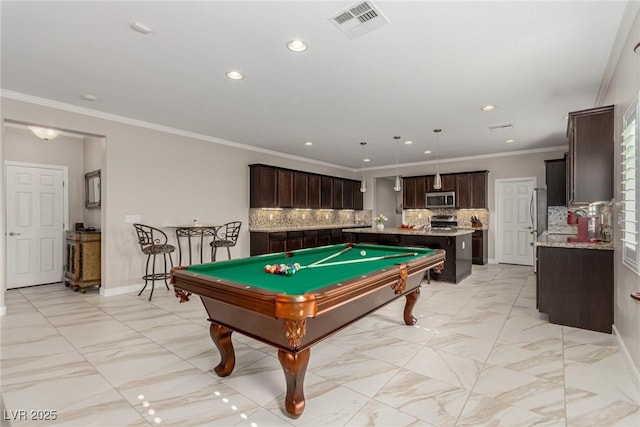 1304 Fantastic Ct, North Las Vegas, NV 89081 - game room featuring recessed lighting, light marble finish floors, crown molding, and billiards