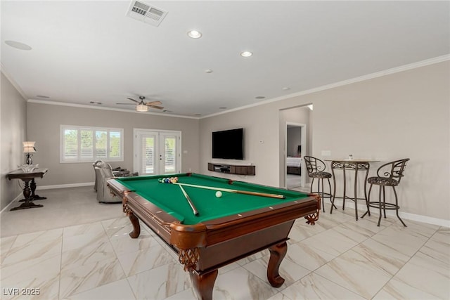 1304 Fantastic Ct, North Las Vegas, NV 89081 - rec room featuring crown molding, french doors, billiards, light marble finish floors, and recessed lighting