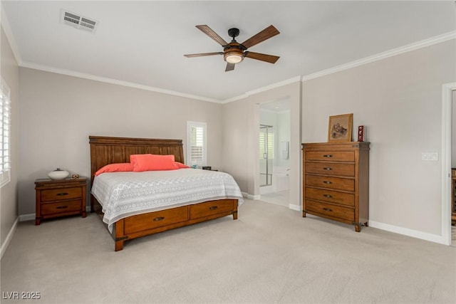 1304 Fantastic Ct, North Las Vegas, NV 89081 - bedroom featuring crown molding, light carpet, connected bathroom, and ceiling fan