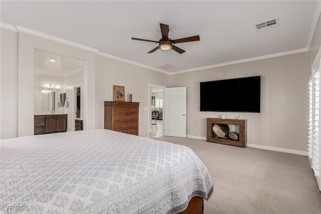 1304 Fantastic Ct, North Las Vegas, NV 89081 - carpeted bedroom with ornamental molding, a ceiling fan, and ensuite bathroom