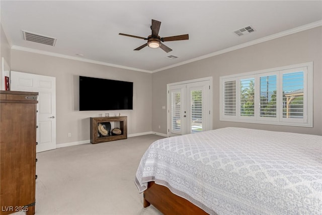 1304 Fantastic Ct, North Las Vegas, NV 89081 - bedroom with light carpet, access to outside, crown molding, french doors, and ceiling fan