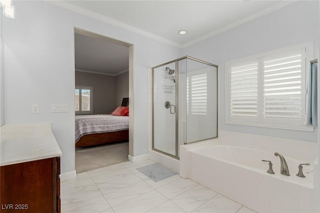 1304 Fantastic Ct, North Las Vegas, NV 89081 - ensuite bathroom featuring a stall shower, a garden tub, crown molding, and vanity