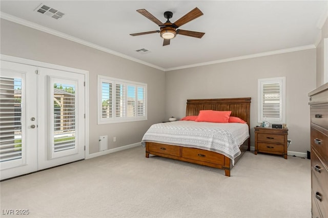 1304 Fantastic Ct, North Las Vegas, NV 89081 - bedroom featuring access to outside, ornamental molding, light colored carpet, french doors, and a ceiling fan