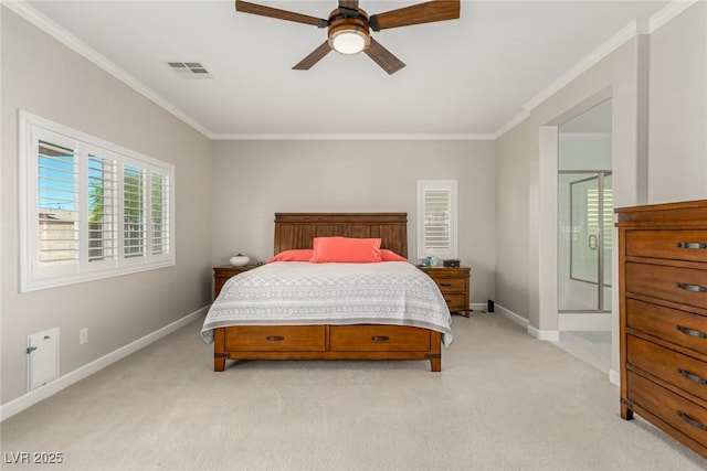 1304 Fantastic Ct, North Las Vegas, NV 89081 - bedroom featuring light colored carpet, ornamental molding, ensuite bathroom, and a ceiling fan