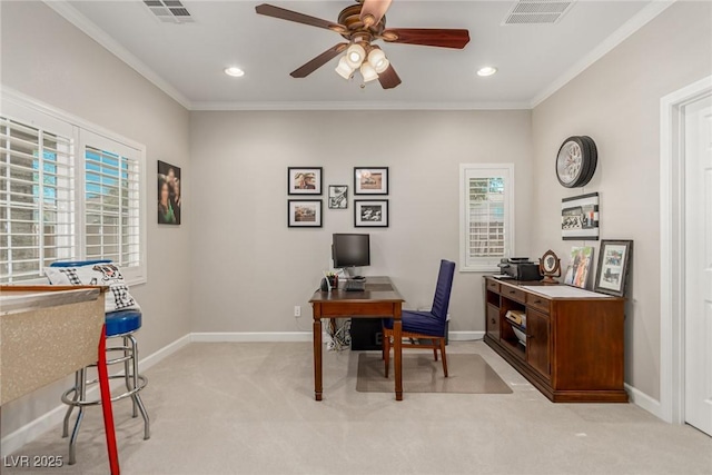 1304 Fantastic Ct, North Las Vegas, NV 89081 - office area featuring light colored carpet, ceiling fan, ornamental molding, and recessed lighting