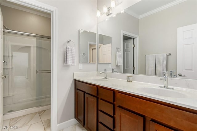 1304 Fantastic Ct, North Las Vegas, NV 89081 - bathroom featuring ornamental molding, a shower stall, double vanity, and marble look tile flooring