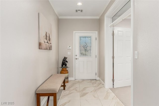 1304 Fantastic Ct, North Las Vegas, NV 89081 - entryway featuring light marble finish flooring, crown molding, and recessed lighting