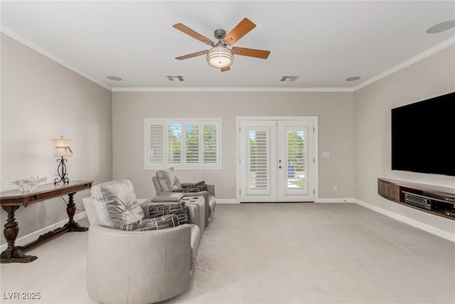 1304 Fantastic Ct, North Las Vegas, NV 89081 - living area with crown molding, carpet flooring, and ceiling fan