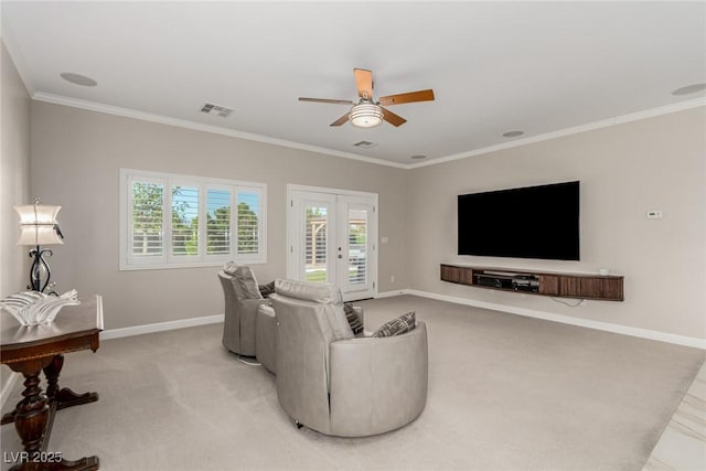 1304 Fantastic Ct, North Las Vegas, NV 89081 - living room with a ceiling fan, crown molding, french doors, and light colored carpet