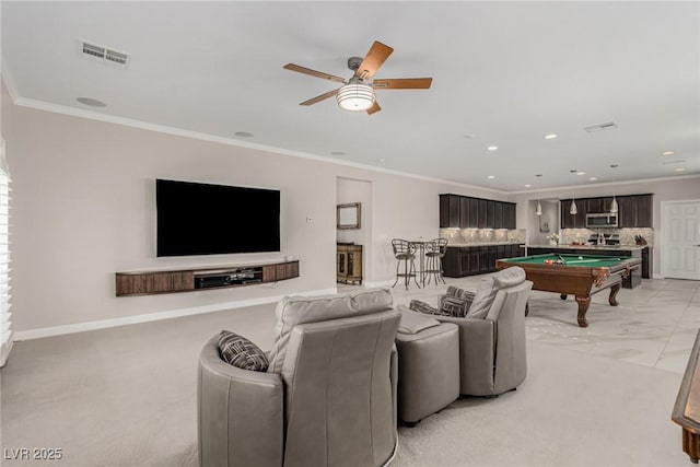 1304 Fantastic Ct, North Las Vegas, NV 89081 - rec room featuring pool table, ceiling fan, crown molding, and recessed lighting