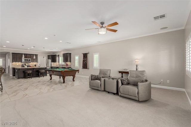 1304 Fantastic Ct, North Las Vegas, NV 89081 - playroom featuring billiards table, ornamental molding, a ceiling fan, and recessed lighting