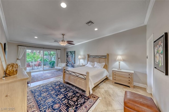 2101 Plaza Del Fuentes, Las Vegas, NV 89102 - bedroom with crown molding, access to outside, recessed lighting, ceiling fan, and light tile patterned flooring
