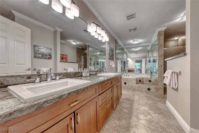 2101 Plaza Del Fuentes, Las Vegas, NV 89102 - bathroom with crown molding, double vanity, a shower stall, and a garden tub