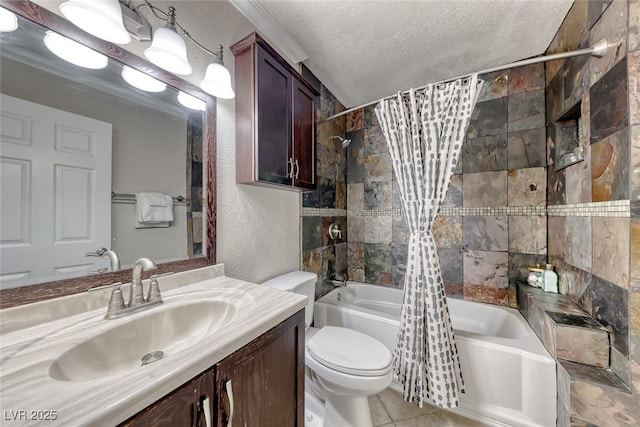 2101 Plaza Del Fuentes, Las Vegas, NV 89102 - bathroom with shower / tub combo, a textured wall, a textured ceiling, vanity, and tile patterned floors