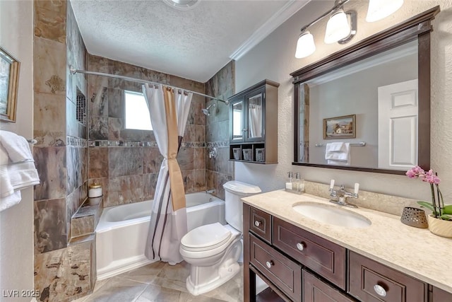 2101 Plaza Del Fuentes, Las Vegas, NV 89102 - bathroom featuring shower / tub combo, vanity, a textured ceiling, ornamental molding, and tile patterned floors