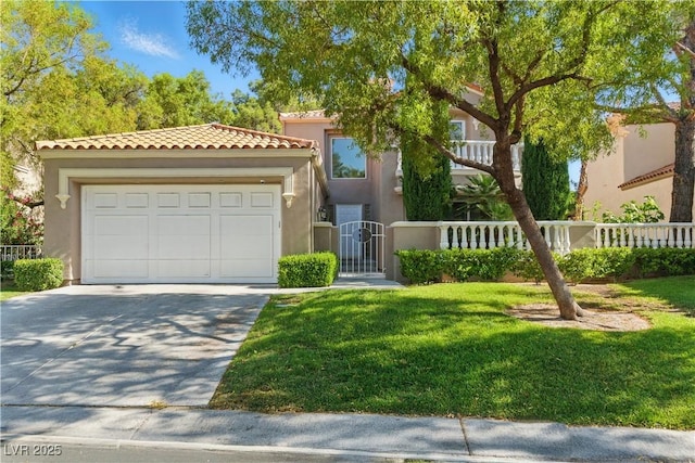 8215 Crow Valley Ln, Las Vegas, NV 89113 - view of front of property with concrete driveway, stucco siding, a tile roof, a garage, and a gate