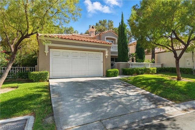 8215 Crow Valley Ln, Las Vegas, NV 89113 - mediterranean / spanish-style house featuring driveway, stucco siding, a front yard, and a tiled roof