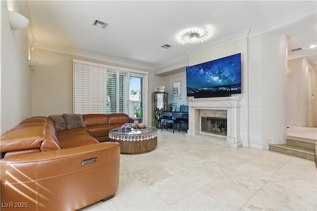 8215 Crow Valley Ln, Las Vegas, NV 89113 - living area featuring ornamental molding and a premium fireplace