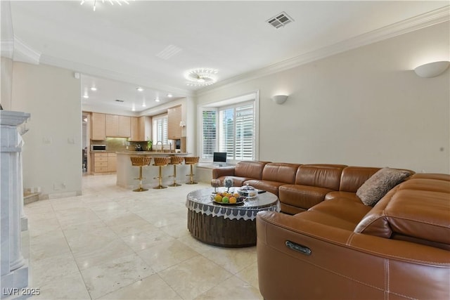 8215 Crow Valley Ln, Las Vegas, NV 89113 - living area featuring ornamental molding, recessed lighting, and light tile patterned flooring