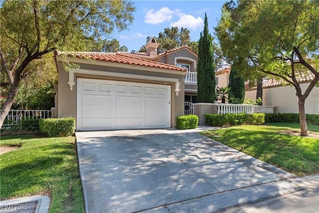 8215 Crow Valley Ln, Las Vegas, NV 89113 - mediterranean / spanish house with concrete driveway, stucco siding, a tiled roof, and an attached garage