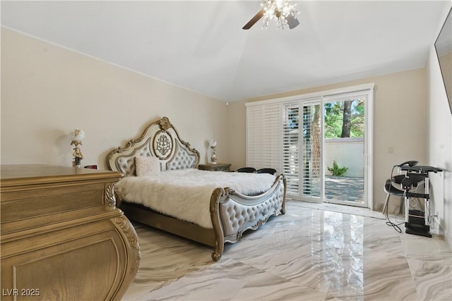 8215 Crow Valley Ln, Las Vegas, NV 89113 - bedroom with access to outside, light marble finish flooring, vaulted ceiling, and a ceiling fan