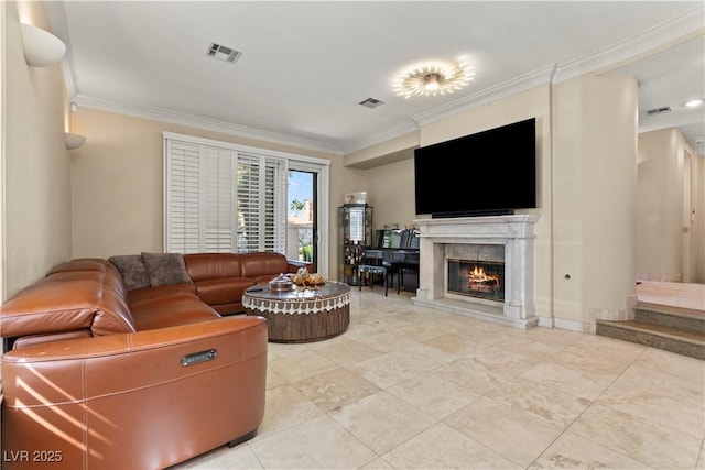8215 Crow Valley Ln, Las Vegas, NV 89113 - living area with crown molding and a premium fireplace