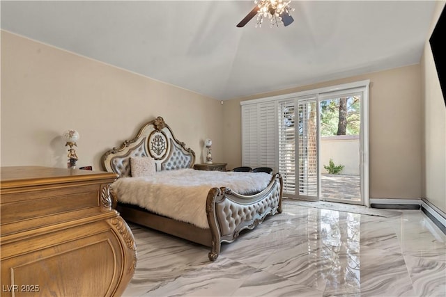 8215 Crow Valley Ln, Las Vegas, NV 89113 - bedroom featuring access to outside, light marble finish floors, lofted ceiling, and ceiling fan