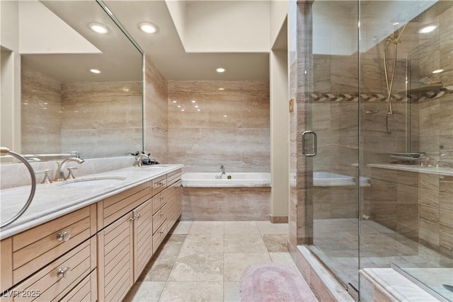 8215 Crow Valley Ln, Las Vegas, NV 89113 - full bathroom featuring a bath, double vanity, a shower stall, and recessed lighting