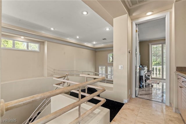 8215 Crow Valley Ln, Las Vegas, NV 89113 - bathroom with ornamental molding, vanity, recessed lighting, a freestanding bath, and tile patterned flooring