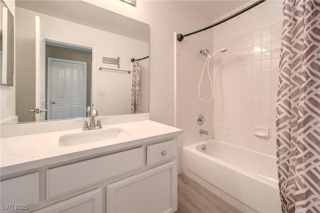 8712 Texas Bronco Ave, Las Vegas, NV 89129 - bathroom with vanity, shower / bath combination with curtain, and wood finished floors