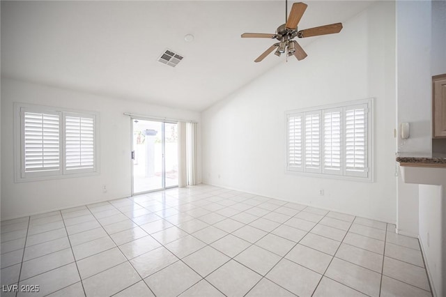 9728 Drumcannon Ave, Las Vegas, NV 89129 - empty room featuring a ceiling fan, high vaulted ceiling, and light tile patterned floors
