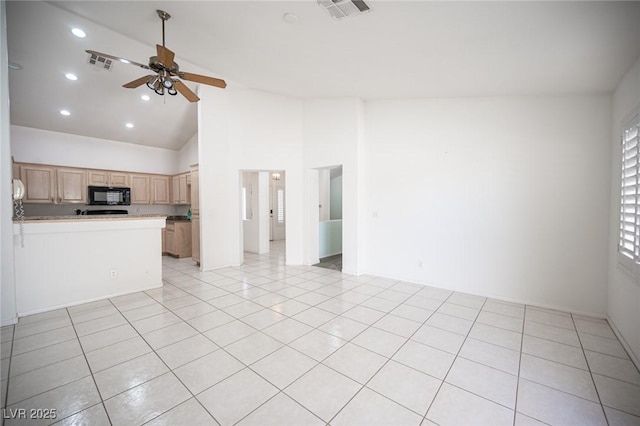 9728 Drumcannon Ave, Las Vegas, NV 89129 - unfurnished living room featuring a ceiling fan, high vaulted ceiling, light tile patterned flooring, and recessed lighting