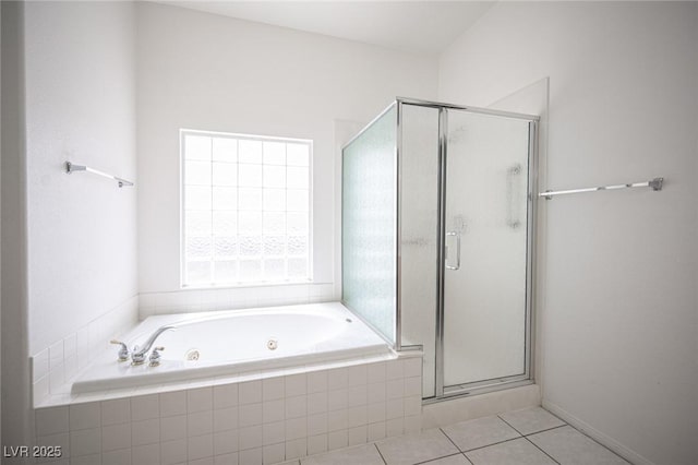 9728 Drumcannon Ave, Las Vegas, NV 89129 - bathroom with a shower stall, a tub with jets, and tile patterned flooring