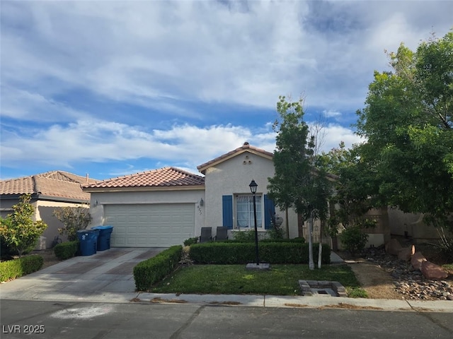 8277 Orange Vale Ave, Las Vegas, NV 89131 - mediterranean / spanish home with a garage, a tile roof, stucco siding, and driveway