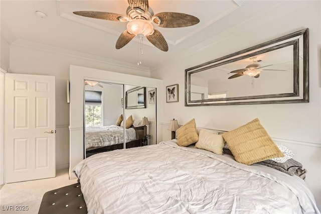 2050 W Warm Springs Rd Unit 3624, Henderson, NV 89014 - bedroom featuring a closet, ornamental molding, a ceiling fan, and carpet floors