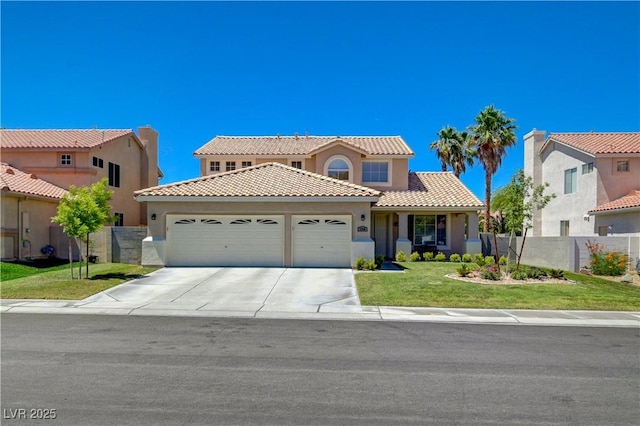 1316 Borderwood Ln, North Las Vegas, NV 89031 - mediterranean / spanish-style home featuring an attached garage, stucco siding, driveway, and a tile roof