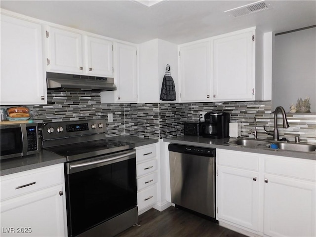 2921 Country Manor Ln Unit 139, Las Vegas, NV 89115 - kitchen with stainless steel appliances, under cabinet range hood, and dark countertops