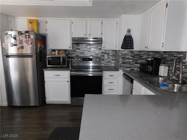 2921 Country Manor Ln Unit 139, Las Vegas, NV 89115 - kitchen with stainless steel appliances, under cabinet range hood, white cabinetry, and tasteful backsplash