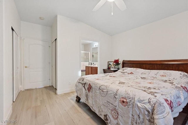 8550 Little Fox St, Las Vegas, NV 89123 - bedroom with light wood-style floors, lofted ceiling, connected bathroom, and a ceiling fan