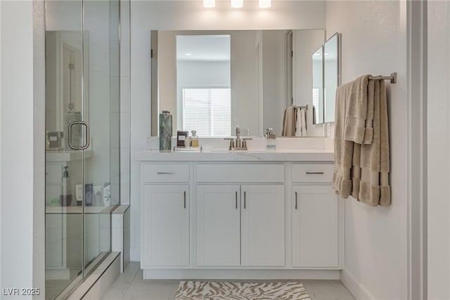 827 Klamath Springs St, Henderson, NV 89011 - full bath with marble look tile flooring, a stall shower, and vanity