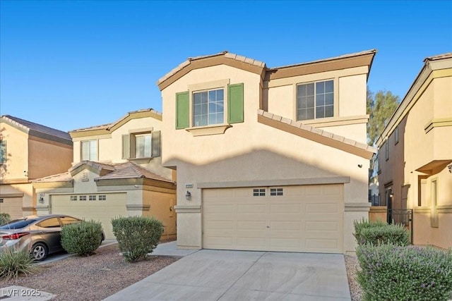 6460 Raven Hall St, North Las Vegas, NV 89084 - view of front of house featuring stucco siding, a garage, concrete driveway, and a tiled roof