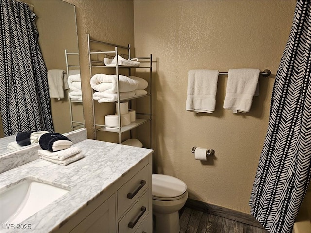 223 Hunter Ridge Rd Unit 121, Brian Head, UT 84719 - bathroom with wood finished floors, vanity, a textured wall, and a shower with curtain