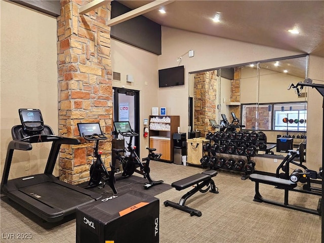 223 Hunter Ridge Rd Unit 121, Brian Head, UT 84719 - workout area with carpet floors, high vaulted ceiling, and recessed lighting