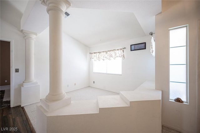 9632 Spanish Steps Ln, Las Vegas, NV 89117 - bathroom with ornate columns, wood finished floors, and lofted ceiling