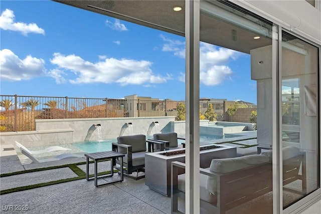 818 Calluna St, Las Vegas, NV 89138 - fenced backyard featuring an outdoor fire pit, a patio area, and a hot tub