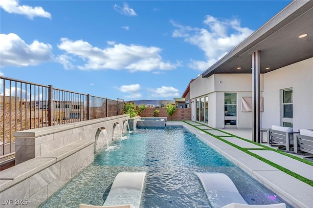 818 Calluna St, Las Vegas, NV 89138 - view of swimming pool with a fenced backyard, a patio, and a pool with connected hot tub