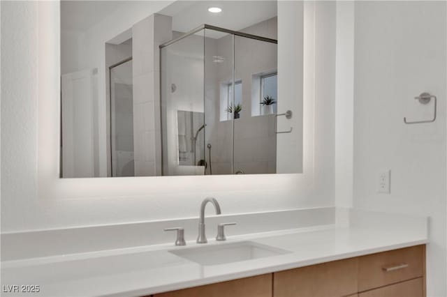 818 Calluna St, Las Vegas, NV 89138 - full bathroom with a stall shower, vanity, and recessed lighting