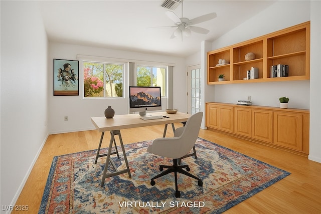 9704 Brawley Dr, Las Vegas, NV 89134 - home office featuring light wood finished floors, a ceiling fan, and lofted ceiling