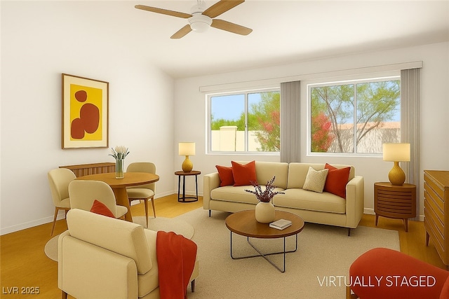 9704 Brawley Dr, Las Vegas, NV 89134 - living area with a ceiling fan, wood finished floors, and vaulted ceiling